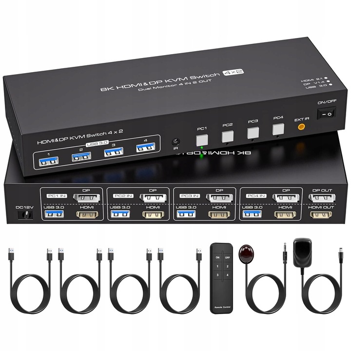 KVM kapcsoló 4 portos 4K144Hz HDMI Displayport 2 monitor USB 3.0