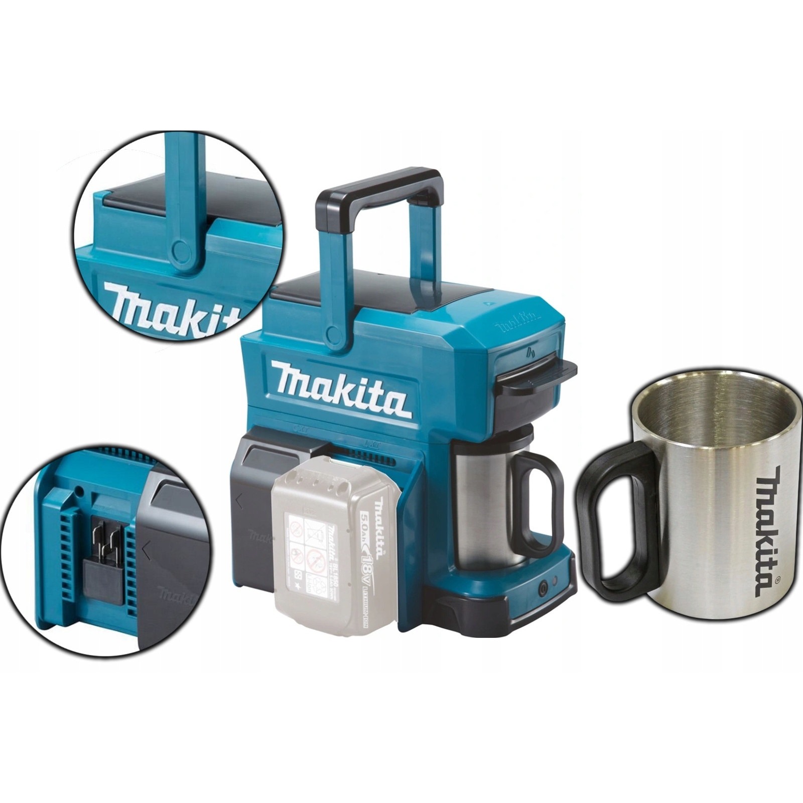 Cafetiera electrica Makita, model DCM501Z, 240 ml, 10,8 V, 14,4 V, 18 V, dimensiuni 243x187x218 mm