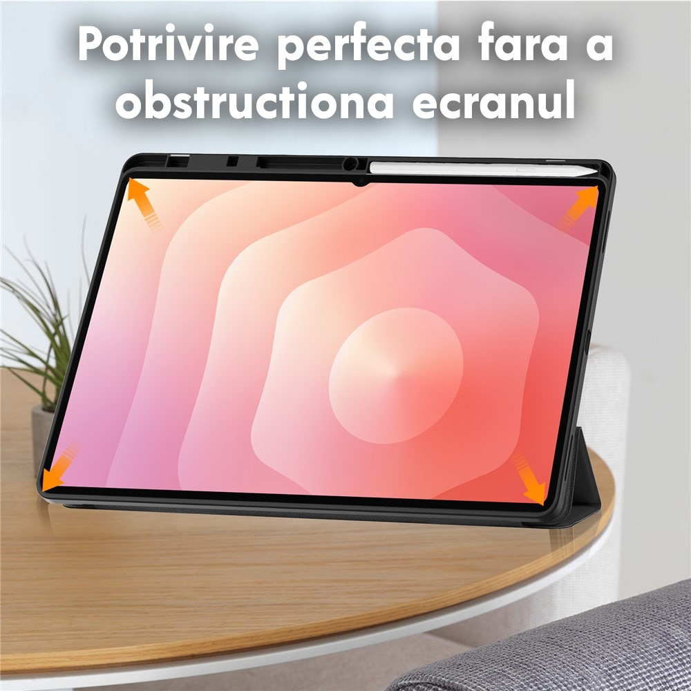 Husa de protectie pentru Samsung Galaxy Tab S11 Ultra / Tab S12 Ultra DaDen Flex Trifold, Mod stativ, Unghi pana la 65°, Piele ecologica, Loc pentru creion, Verde inchis