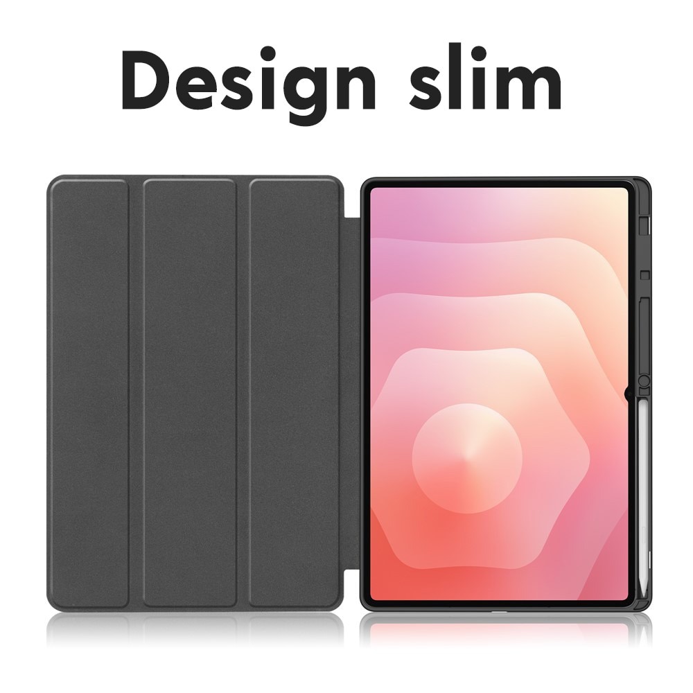 Husa de protectie pentru Samsung Galaxy Tab S11 Ultra / Tab S12 Ultra DaDen Flex Trifold, Mod stativ, Unghi pana la 65°, Piele ecologica, Loc pentru creion, Verde inchis