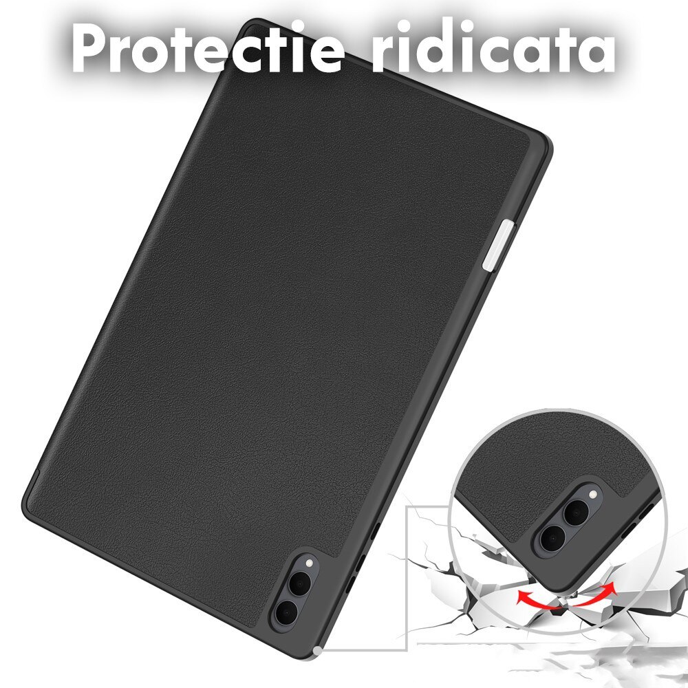 Husa de protectie pentru Samsung Galaxy Tab S11 Ultra / Tab S12 Ultra DaDen Flex Trifold, Mod stativ, Unghi pana la 65°, Piele ecologica, Loc pentru creion, Verde inchis