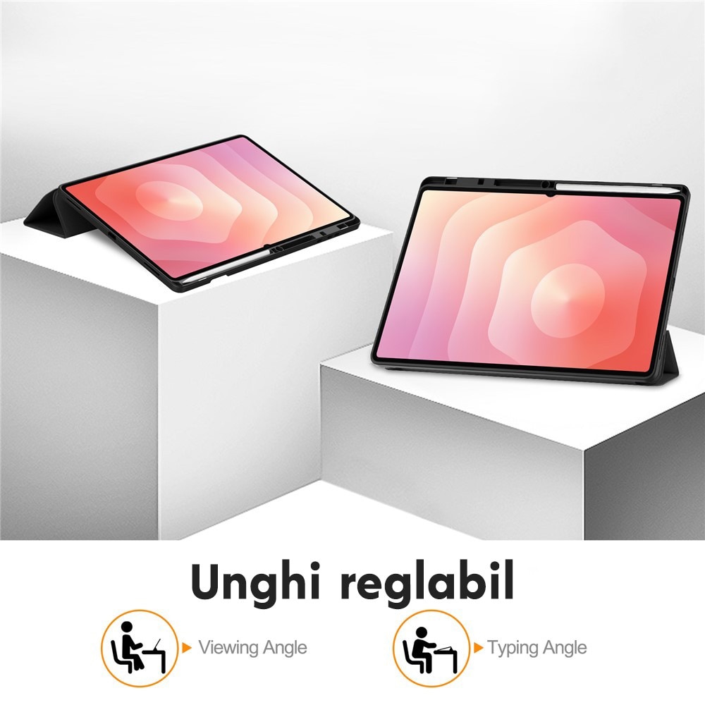 Husa de protectie pentru Samsung Galaxy Tab S11 Ultra / Tab S12 Ultra DaDen Flex Trifold, Mod stativ, Unghi pana la 65°, Piele ecologica, Loc pentru creion, Verde inchis