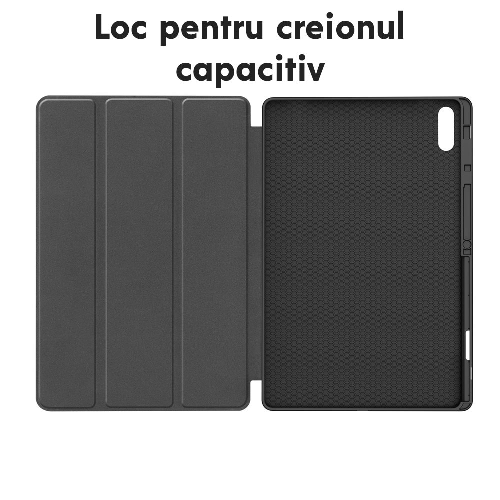 Husa de protectie pentru Samsung Galaxy Tab S11 Ultra / Tab S12 Ultra DaDen Flex Trifold, Mod stativ, Unghi pana la 65°, Piele ecologica, Loc pentru creion, Verde inchis