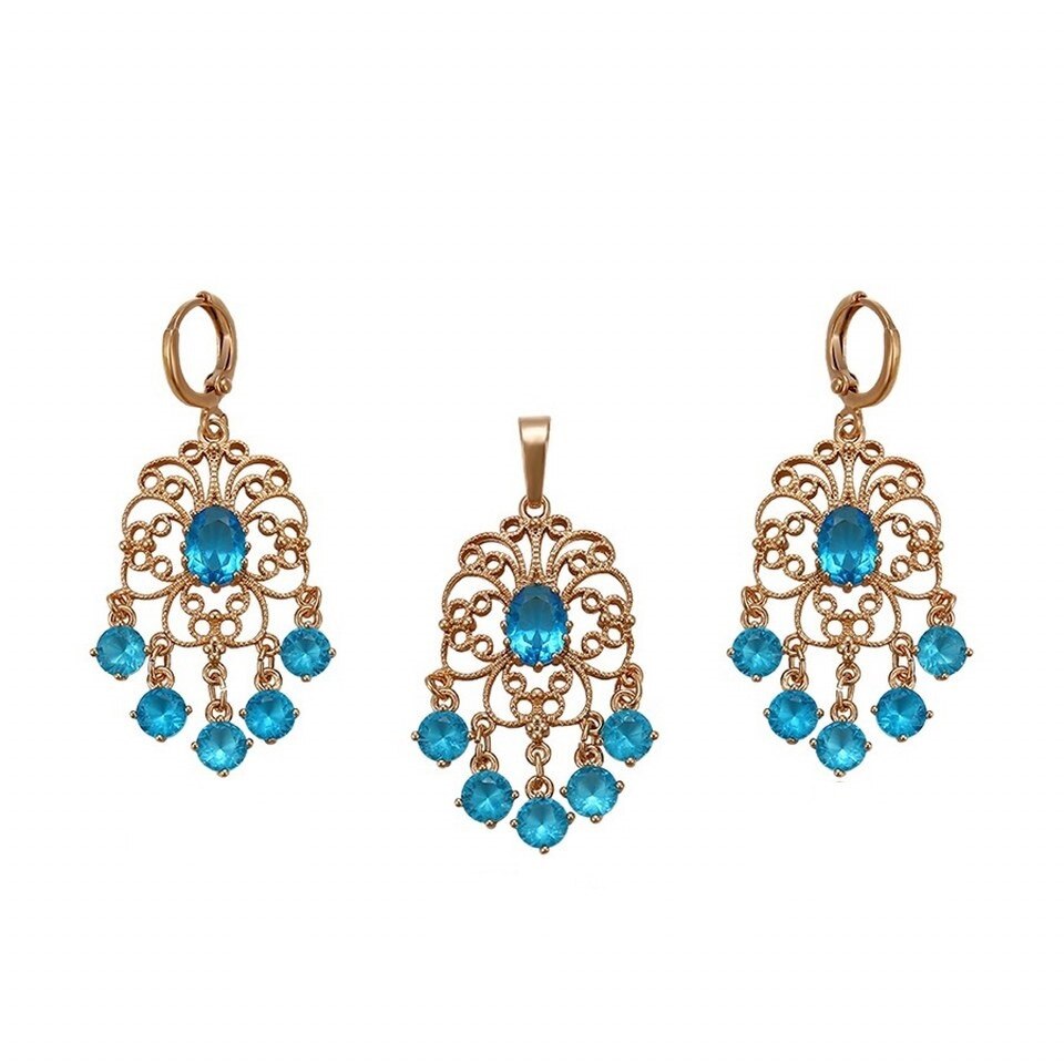 Set bijuterii Chandelier Aquamarine, colier si cercei, dublu placat Aur