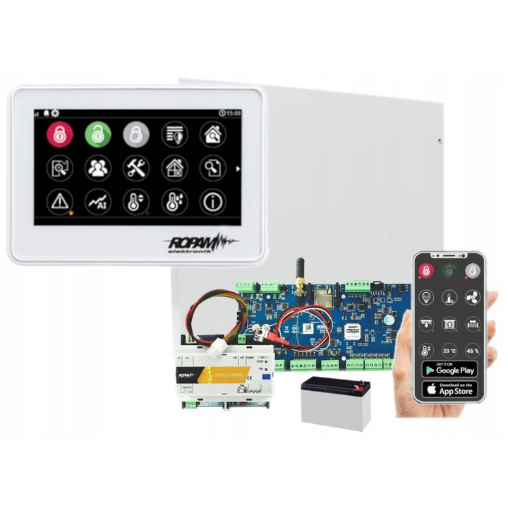 Ropam Neo-IP-64 riasztóközpont szett, WiFi, fehér érintőpanel, 16-64 bemenet, 8-40 kimenet, 122x88x17mm