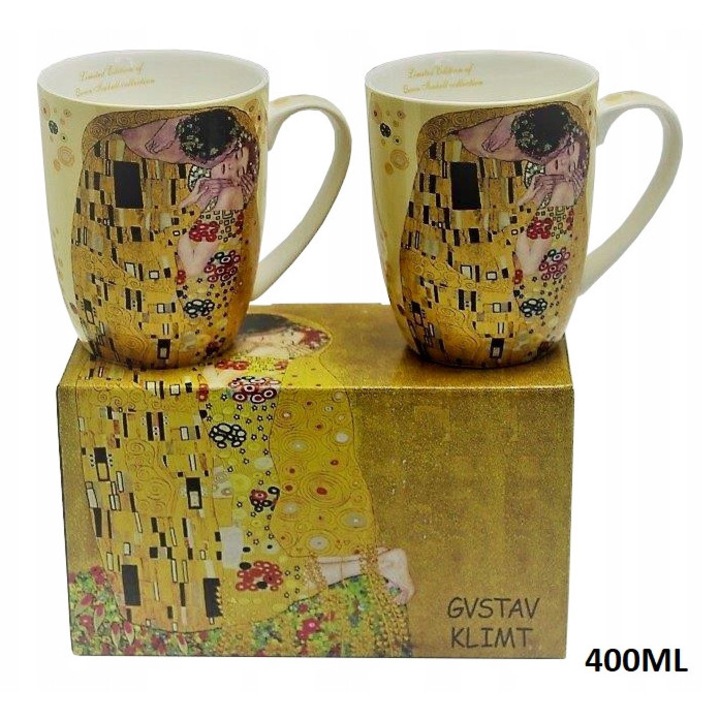 Set 2 cani Queen Isabell Gustav Klimt bej galben auriu 400ml cutie decorativa