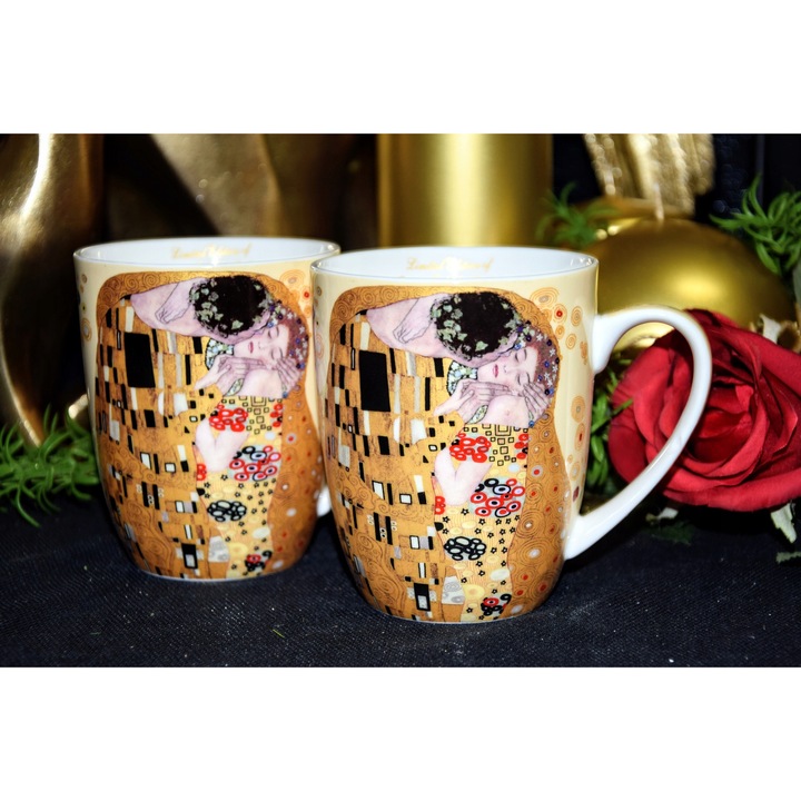 Set 2 cani Queen Isabell Gustav Klimt bej galben auriu 400ml cutie decorativa