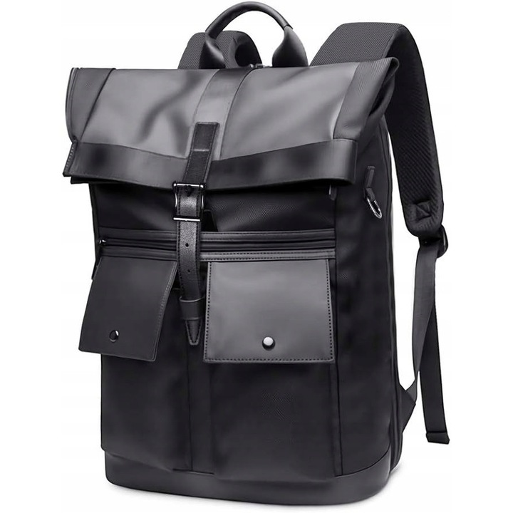 Rucsac Rolltop, piele ecologica, negru, 48x30x17cm, pentru laptop 15"