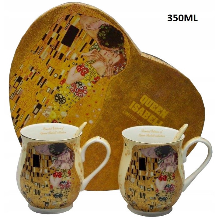 Set 2 cani Queen Isabell Gustav Klimt ceramica bej-galben-negru 350ml cu linguri si cutie inima