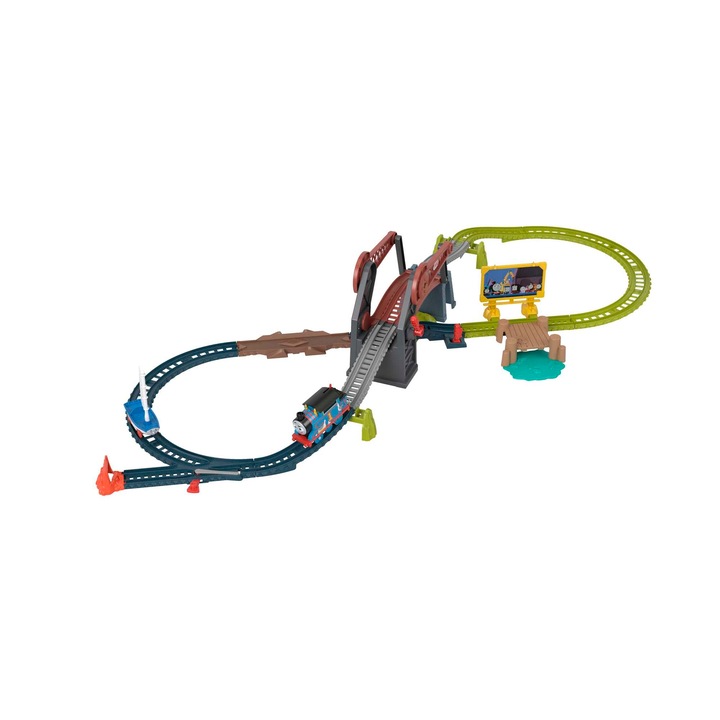 Комплект писта Thomas & Friends Fisher-Price HGX65, спускаща се платформа, моторизиран локомотив, лодка, съвместим с релси Thomas, 20 части, многоцветен, 3+ години