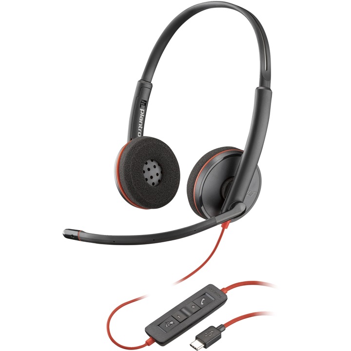 Слушалки USB Poly Blackwire 3220 (8X228A6 / V1RNKVSH), стерео, микрофон с шумопотискане, USB-C + USB-A адаптер, черни