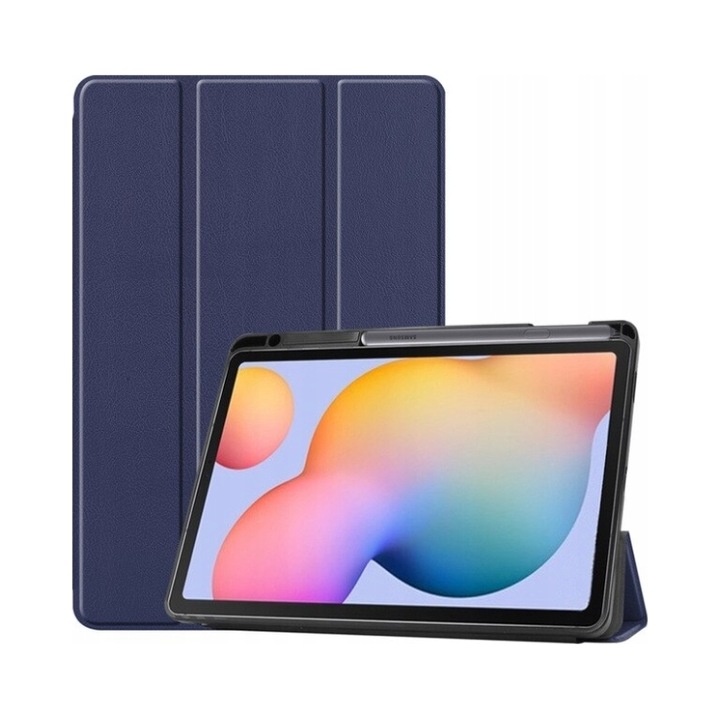 Husa EtuiTab pentru Samsung Galaxy Tab S6 Lite SM‑P610/SM‑P615, tip pencase cu loc pentru stylus, din piele ecologica si silicon, bleumarin