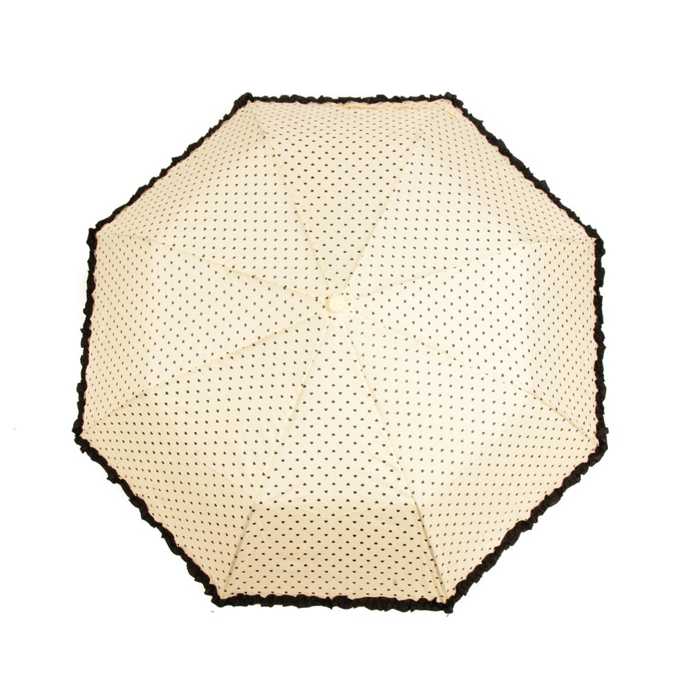 Umbrela pliabila crem cu mici inimioare negre, margine fronsata neagra, deschidere automata, ∅ 112cm