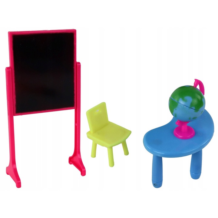 Papusa pentru copii, profesoara cu eleva, scoala, tabla, glob, accesorii