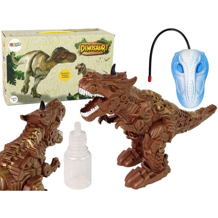 Jucarie dinozaur telecomandat LEAN Toys R8U3DUQ8W, emite abur, proiector, sunete si efecte luminoase, maro, 38 x 14 x 26 cm