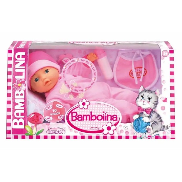 Papusa bebelus Bambolina 35cm moale roz interactiva 50 fraze
