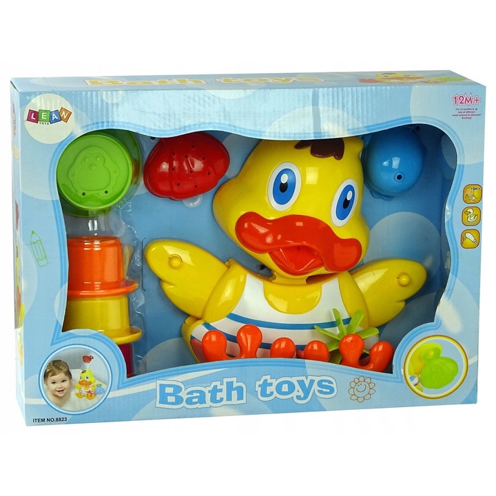 LEAN Toys 5MBTLUHPMR fürdőjáték készlet, úszó kacsa tapadókorongokkal, formák (hal, kagyló) és egymásra rakható kockák, többszínű, 22 x 25 x 7 cm