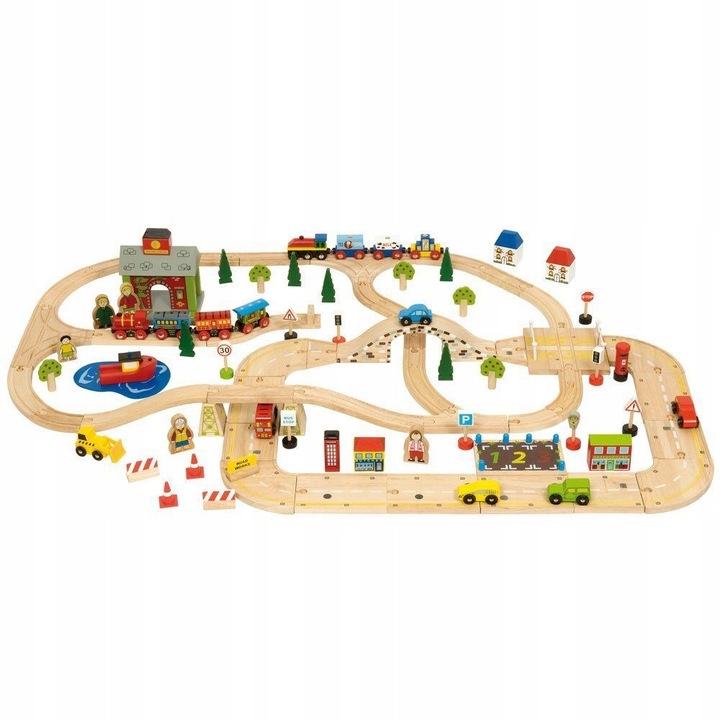 Комплект влакче и път Bigjigs Toys 108 части дърво многоцветен 91.4x114.3x25.4см