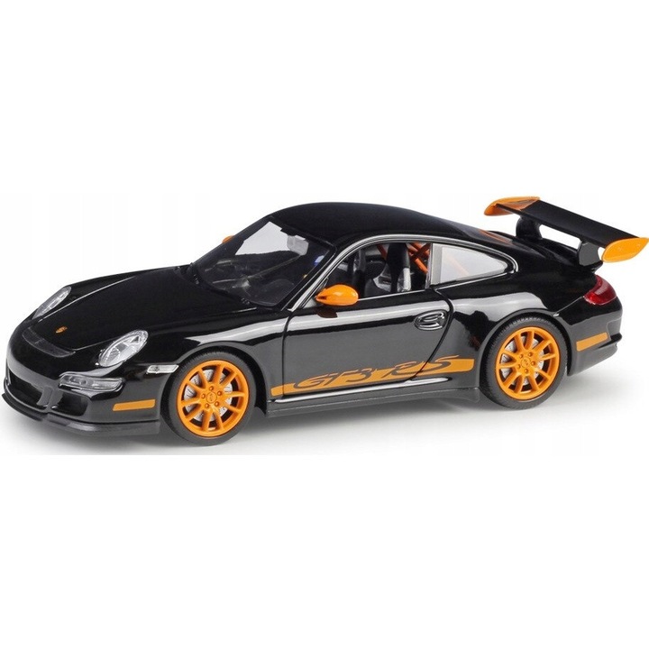 Welly Porsche 911 GT3 RS 1:24 modellautó, fém karosszéria, nyitható ajtók és motorháztető, gumi kerekek, fekete narancssárga díszítéssel, 19 cm