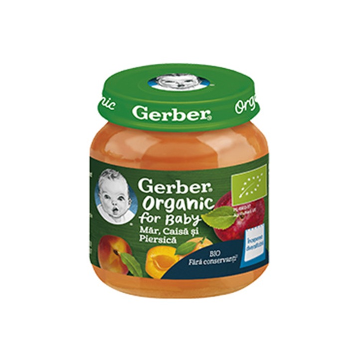 Piure Bio GERBER, Mar, Piersica si Caisa, 125 g, de la 6 luni