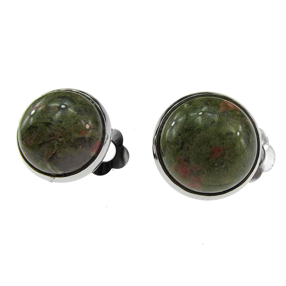 Cercei clips piatra naturala unakit 12 MM, GlamBazaar, 13 mm, cu Unakit, Verde, tip cercei clips cu pietre naturale