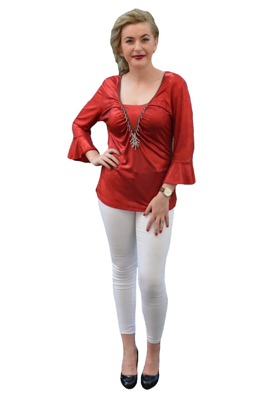 Bluza de ocazie, chic cu insertie de strasuri,masura mare,D&J Exclusive, Rosu aprins