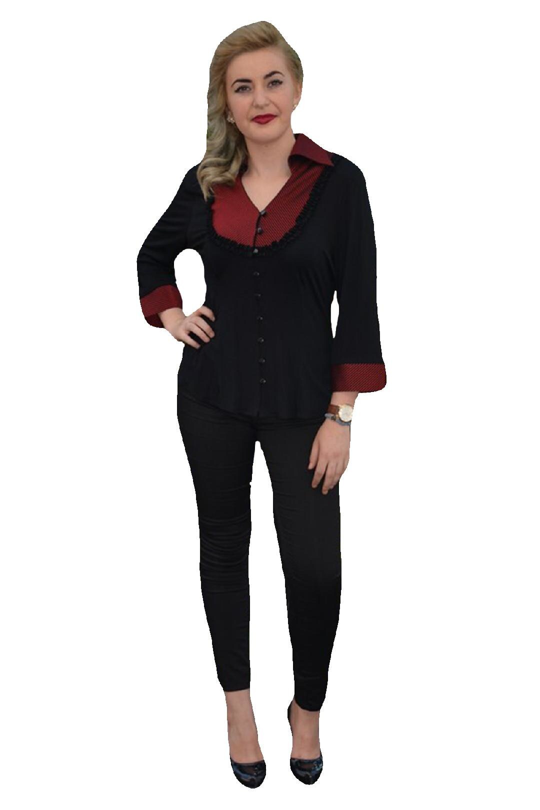 Bluze cu maneca trei-sferturi, guler tip camasa,masura mare,D&J Exclusive, Negru/Visiniu