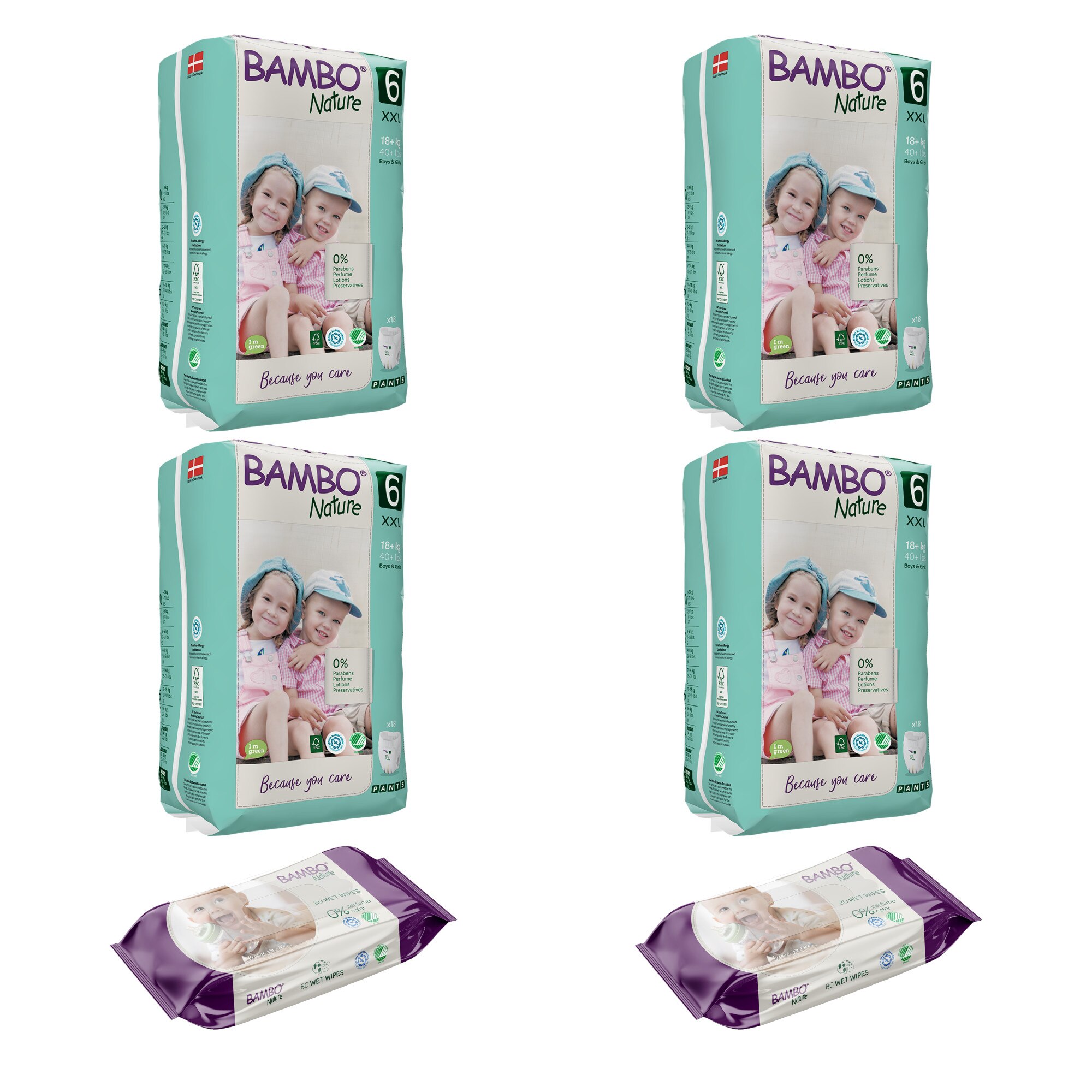 Set 4 pachete, Chilotei pentru copii BAMBO Nature Pants XL, Nr. 6, 18+ kg, 72 buc + cadou servetele umede BAMBO Nature, 160 buc