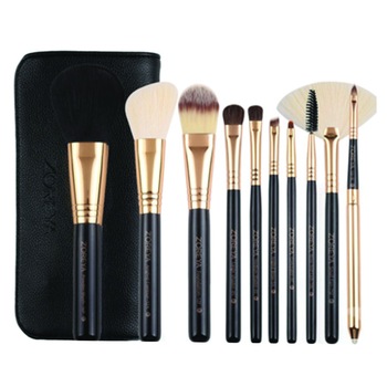 Set 10 pensule machiaj profesionale ZOREYA® ZS106, pudra, evantai, gene, fond de ten, mascara, buze, maner lemn, negru Set 10 pensule machiaj profesionale ZOREYA® ZS106, pudra, evantai, gene, fond de ten, mascara, buze, maner lemn, negru