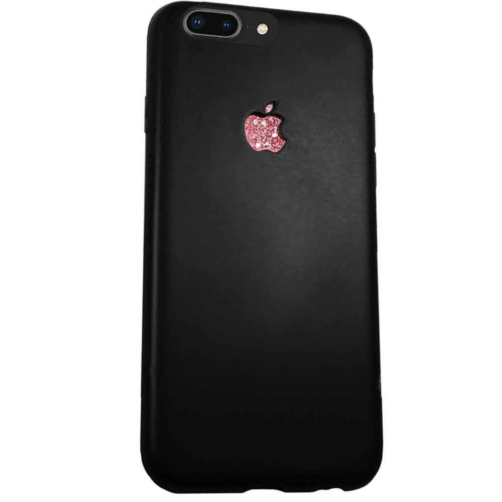 Husa iPhone 7 Plus (5.5 inch) din silicon dens, logo Apple decupat, mat matte BLACK + sticker logo sclipici glitter PINK