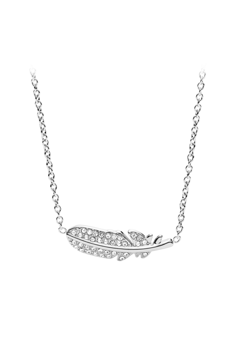 Fossil, Colier cu pandantiv in forma de frunza si strasuri, Argintiu