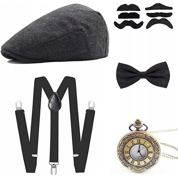 Set costum vintage barbati, accesorii anii 20, negru, marime unica