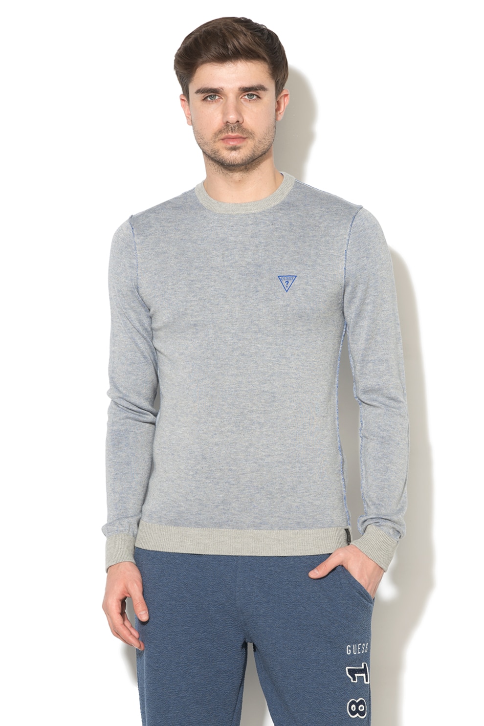 Guess, Pulover de casa cu cusaturi vizibile, Gri deschis/Albastru, 2XL