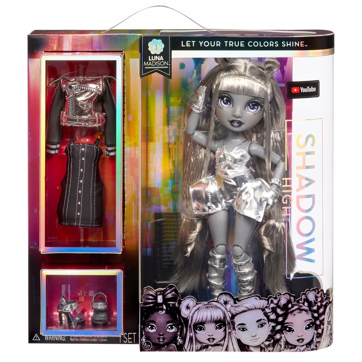 Papusa Luna Madison MGA Shadow High, argintiu-negru, 2 tinute, 30cm