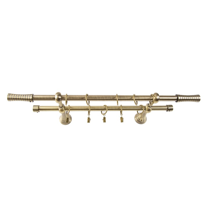 Galerie metalica 120 cm pentru perdele, dubla, model Ramses, grosime 19 mm, auriu antic, accesorii incluse, KIT COMPLET