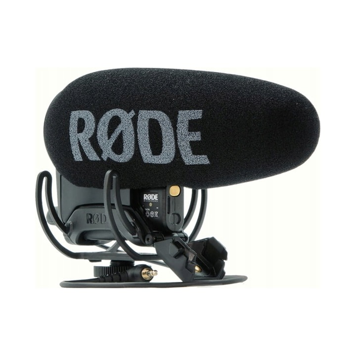 Микрофон shotgun RODE VideoMic Pro+ FRHWT3WNXG2, суперкардиоиден, с Rycote Lyre и функция за автоматизация на нивото, захранване LB-1/2×AA/Micro-USB, 20 Hz–20 kHz, черен