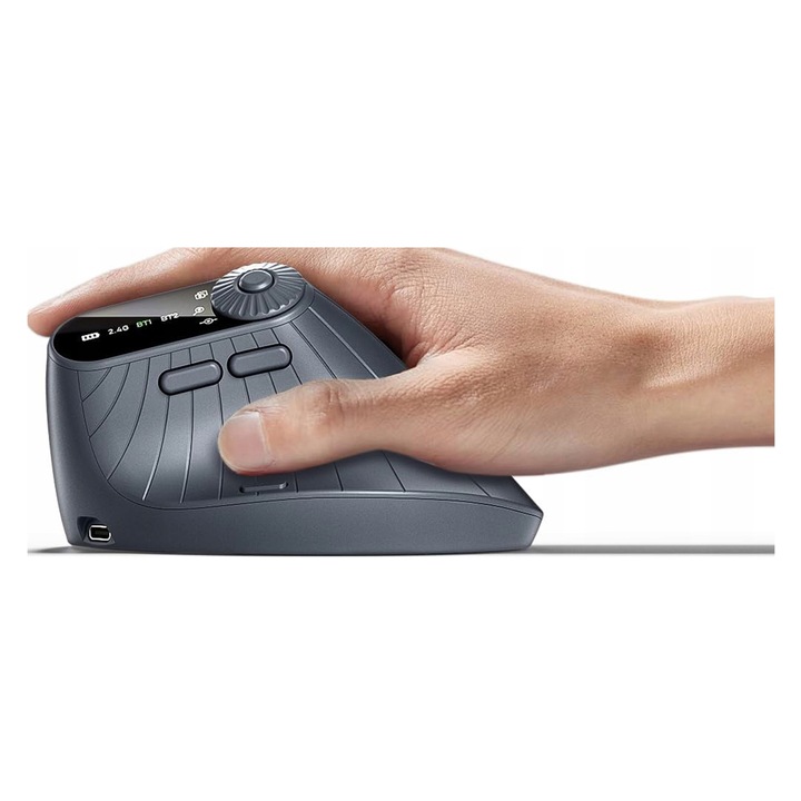Вертикална ергономична мишка Renew Force IH89761XFP, безжична Bluetooth & 2.4 GHz и USB кабел, лазерен сензор, 1000/1600/2400 DPI, 8 бутона, USB-C, черна