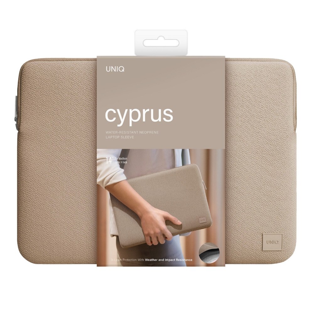 Uniq, husa pentru laptop din material sintetic texturat, rezistenta la apa, Cyprus Sleeve MJX9KCZG4Z942, bej nud, 14 inch (35,6 cm)