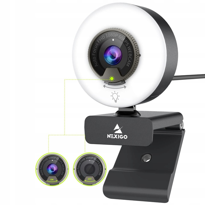 Уеб камера NexiGo N960E 1080p 60fps с автофокус и ринг осветление, черна