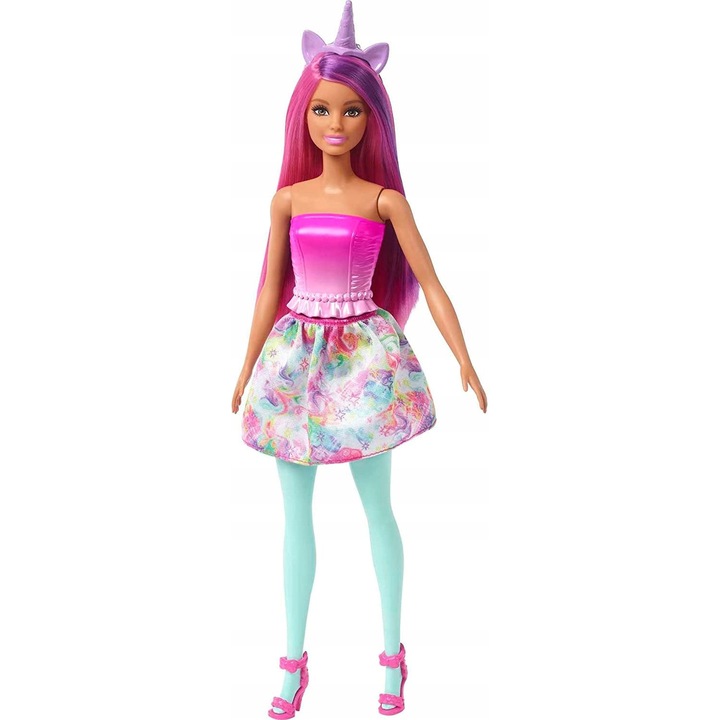 Papusa Barbie Dreamtopia set 3in1 roz 30cm cu accesorii si figurine unicorn si dragon