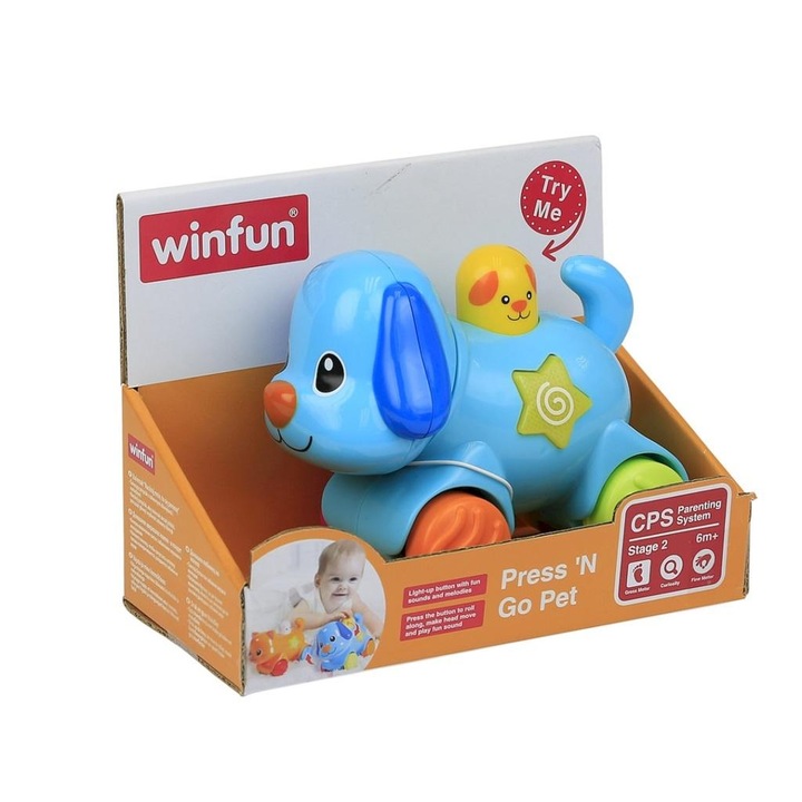 Интерактивна играчка куче Smily Play Press 'N Go Pet Q5JO43DTA, с мелодии и движение, синя, 6+ месеца