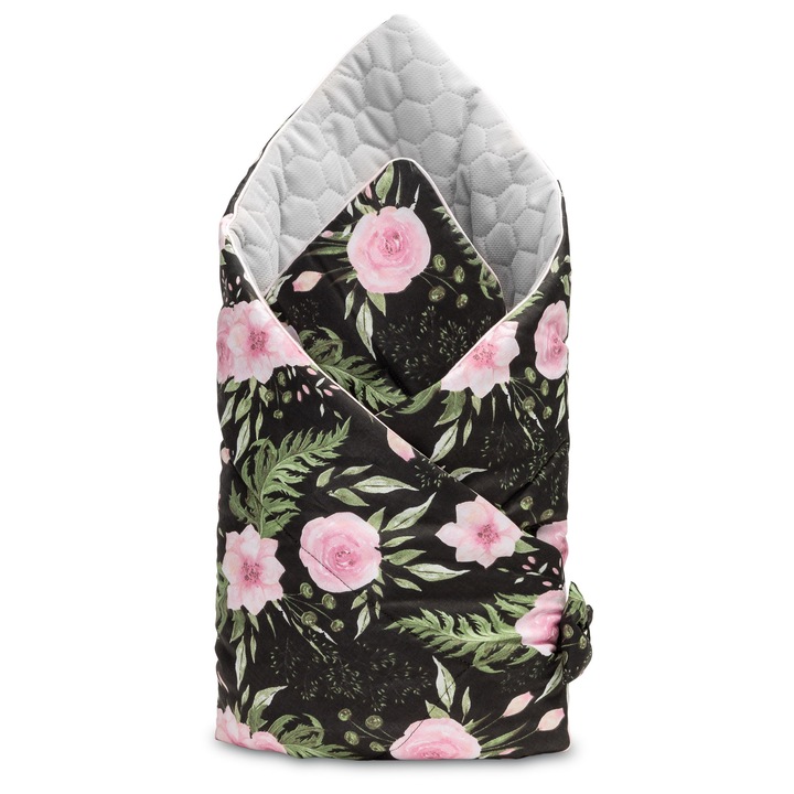 Paturica bebelusi bumbac velvet negru floral 75x75 cm