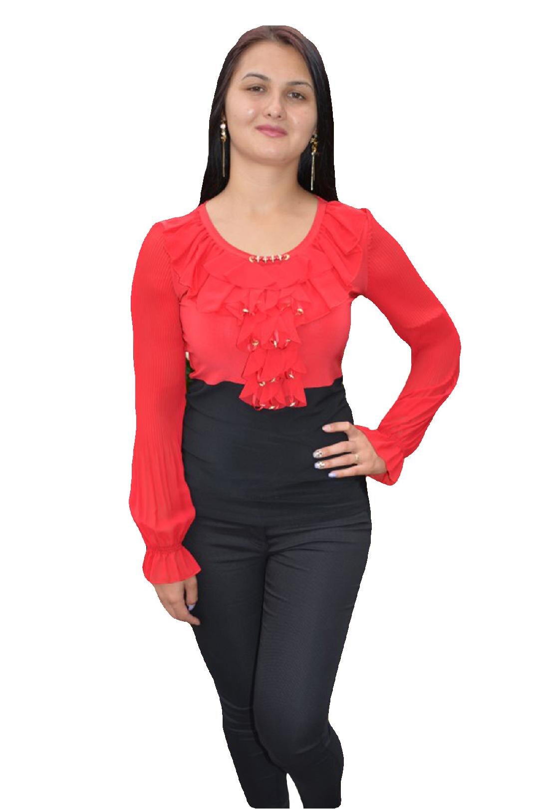 Bluza de ocazie cu volanase decorative in fata,D&J Exclusive, Negru/Rosu