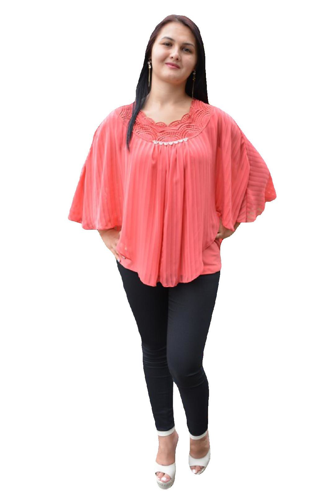 Bluza chic de ocazie, cu maneca trei-sfert din voal, D&J Exclusive, Corai