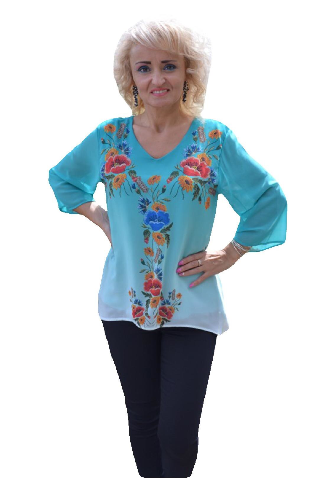 Bluza chic cu imprimeu floral aplicat, D&J Exclusive, Albastru