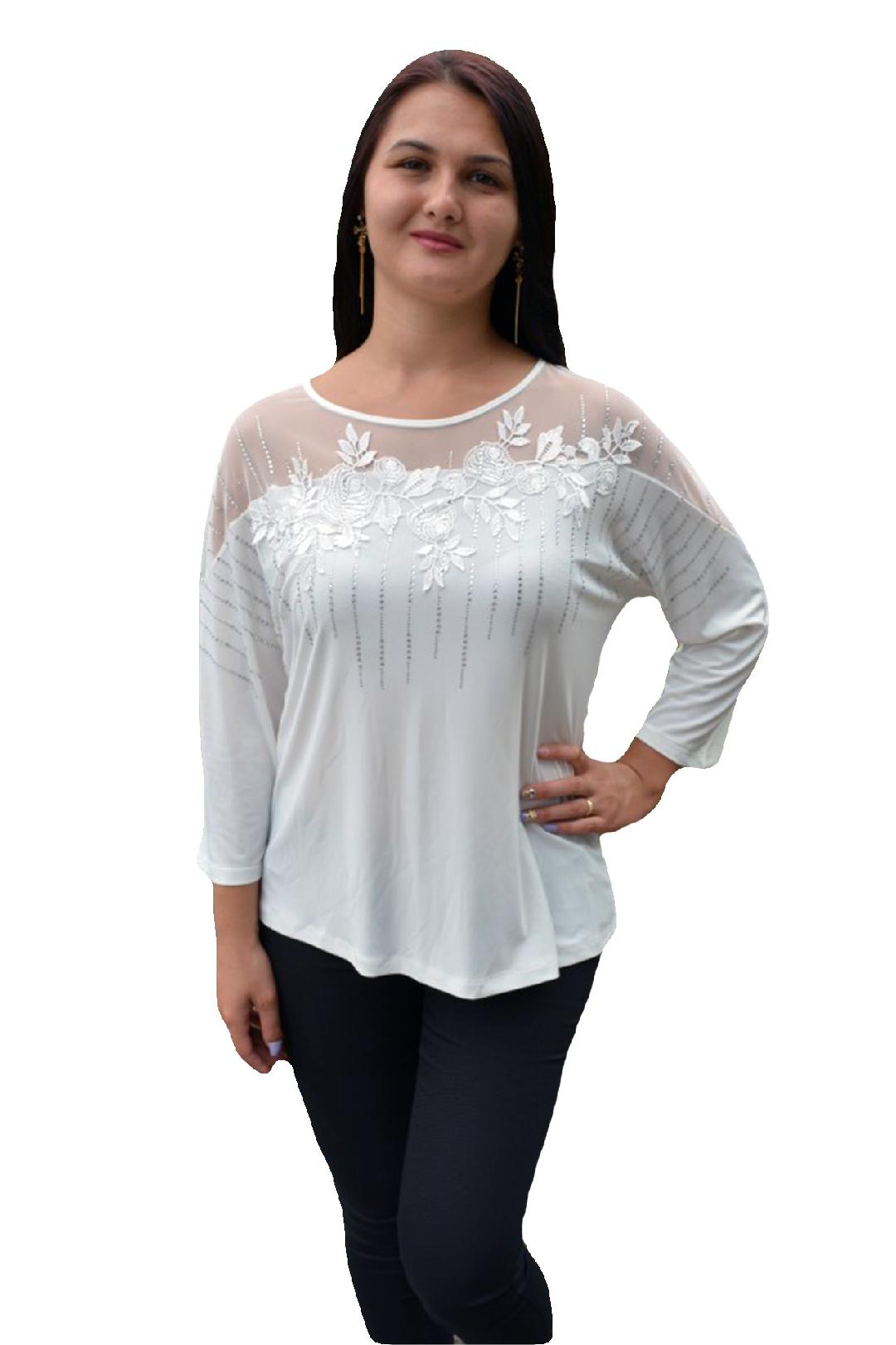 Bluza fashion cu strasuri si dantela in partea de sus, D&J Exclusive, Alb