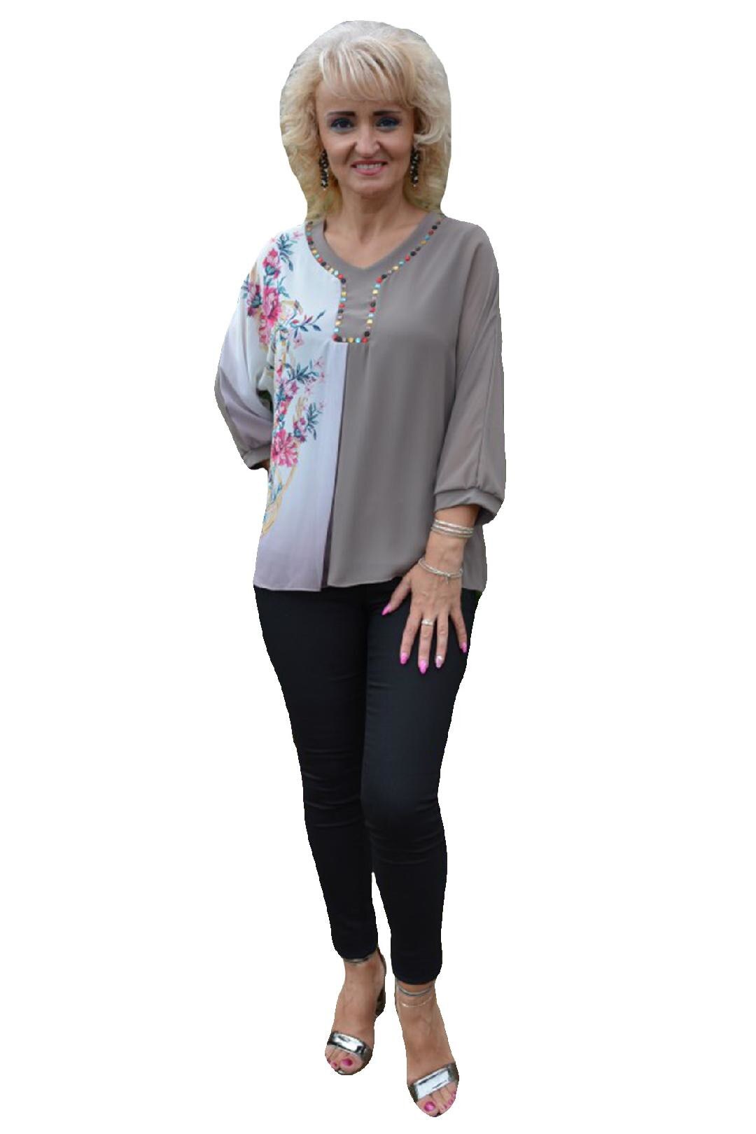 Bluza eleganta design cu flori multicolore,masura mare,D&J Exclusive, Maro/Alb