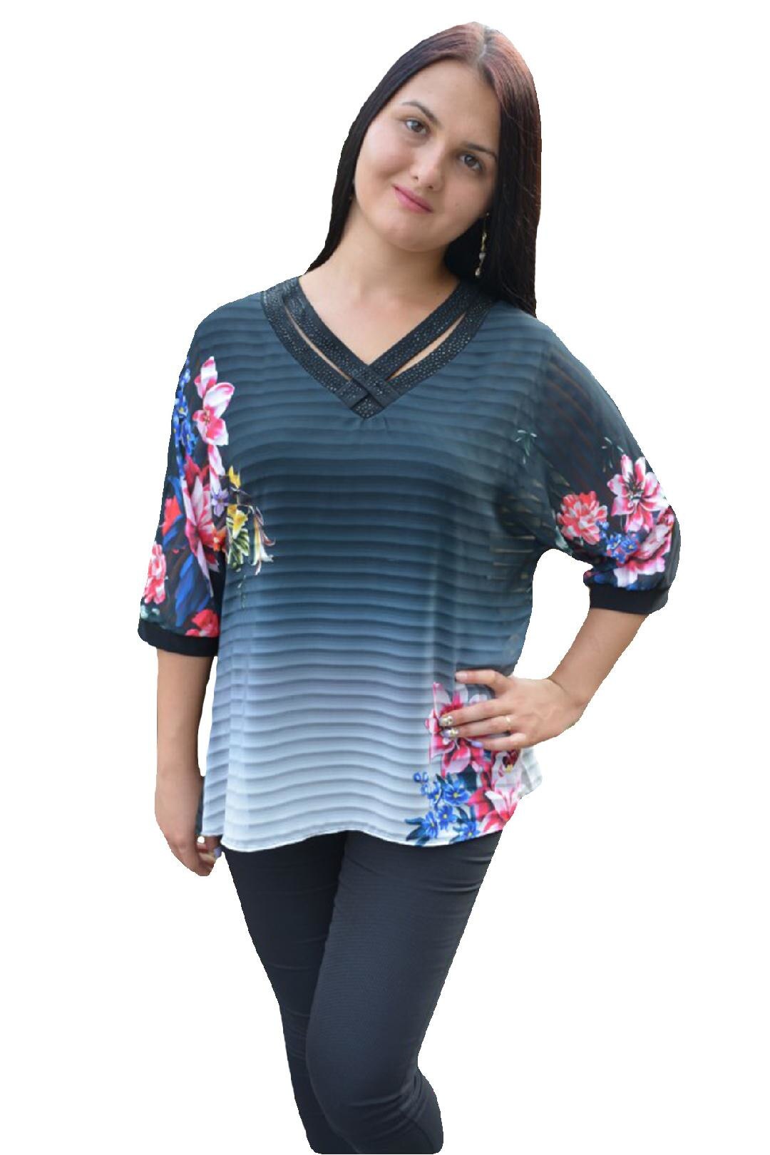 Bluza de ocazie cu imprimeu floral multicolor si dungi,masura mare,D&J Exclusive, Negru