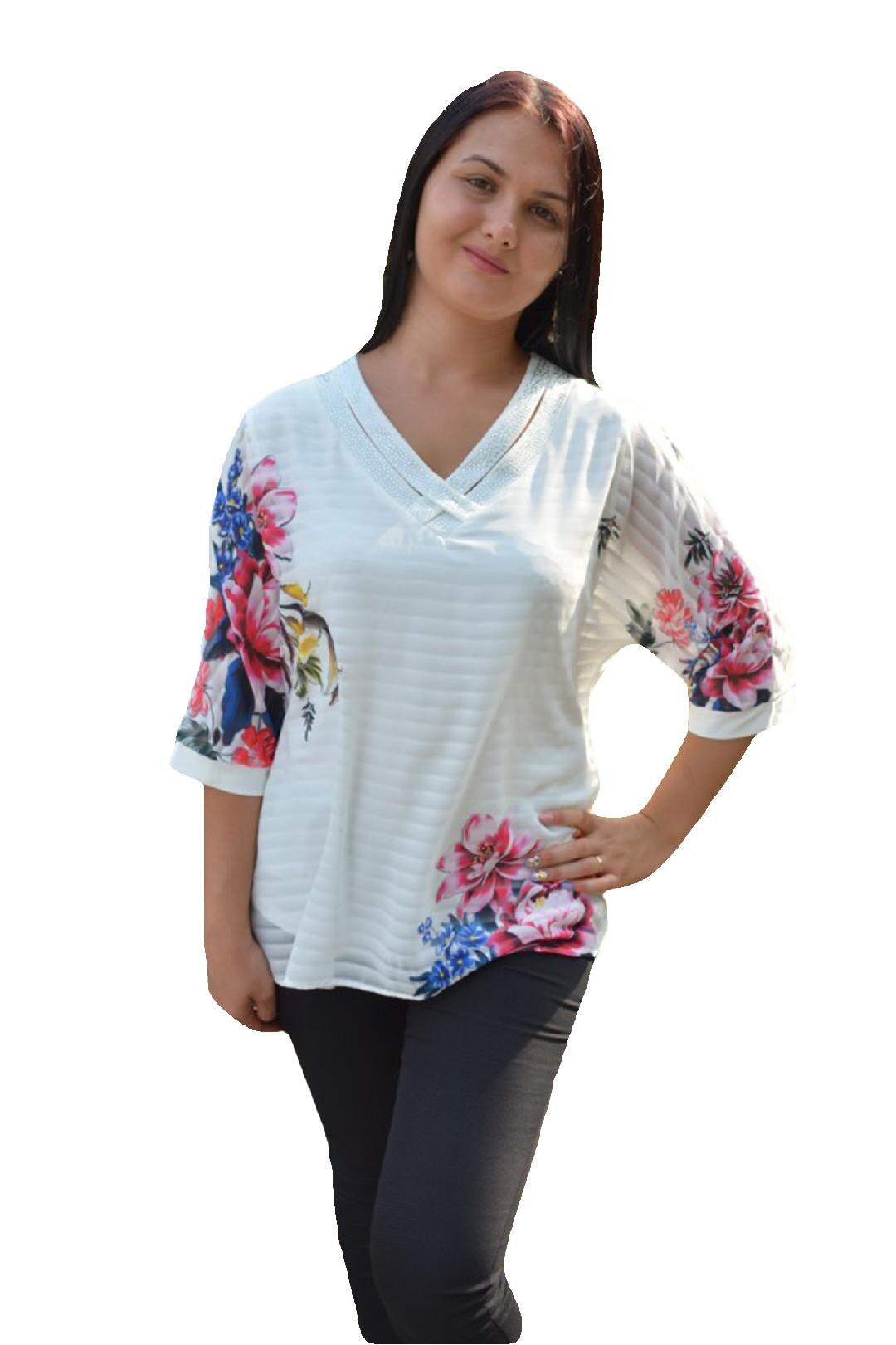 Bluza de ocazie cu imprimeu floral multicolor si dungi,masura mare,D&J Exclusive, Alb