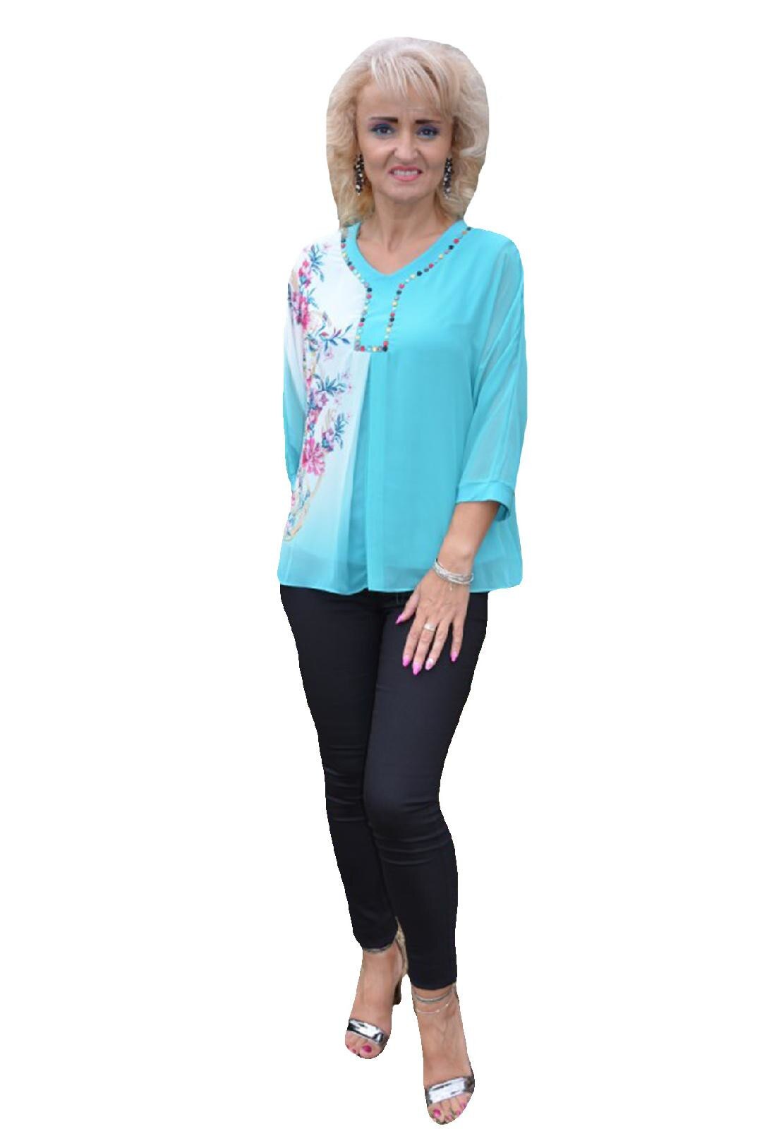 Bluza eleganta design cu flori multicolore,masura mare,D&J Exclusive, Turcoaz